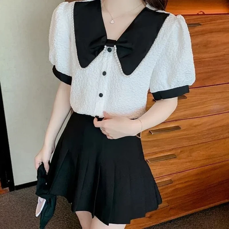 Летняя женская одежда 2024 модная шифоновая рубашка с пышными рукавами и коротким