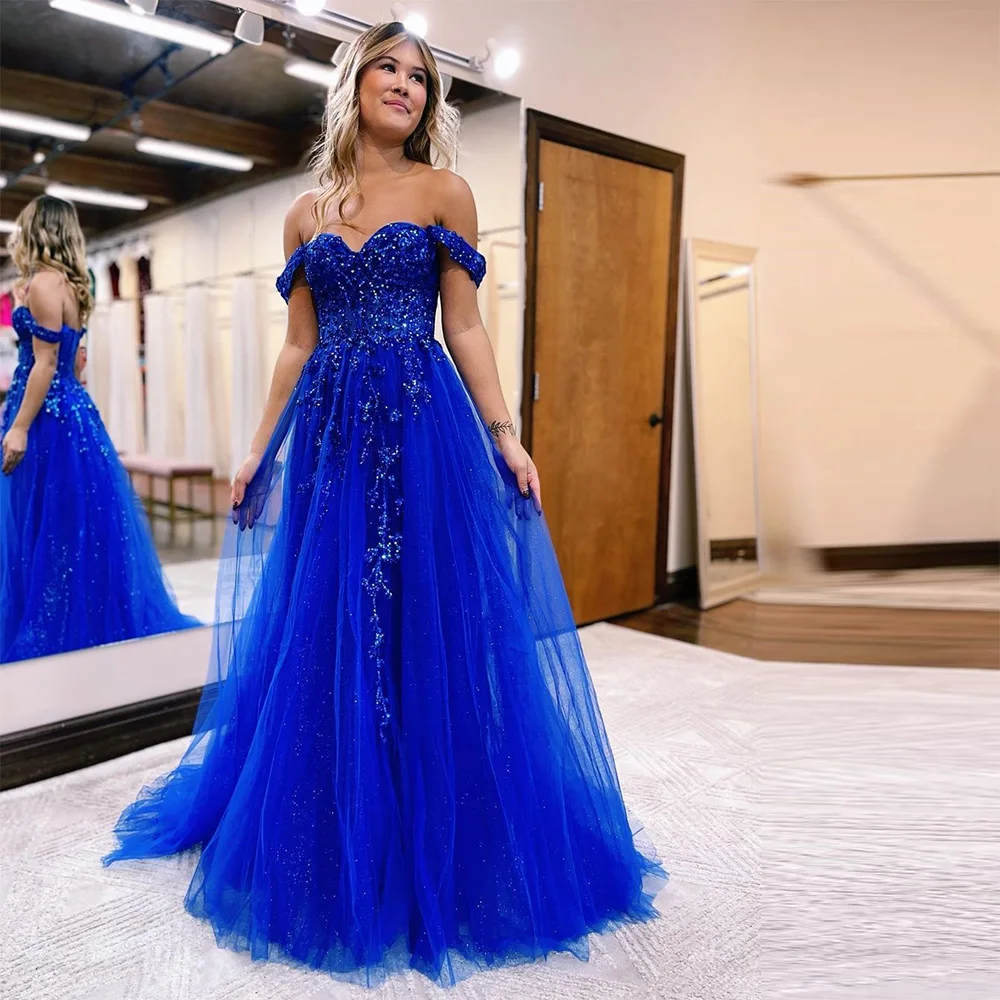 

Xijun Royal Blue Tulle Arabic Evening Dresses Lace Applique Off the Shoulder Sweetheart Side Split A-Line Prom Dress Homecoming