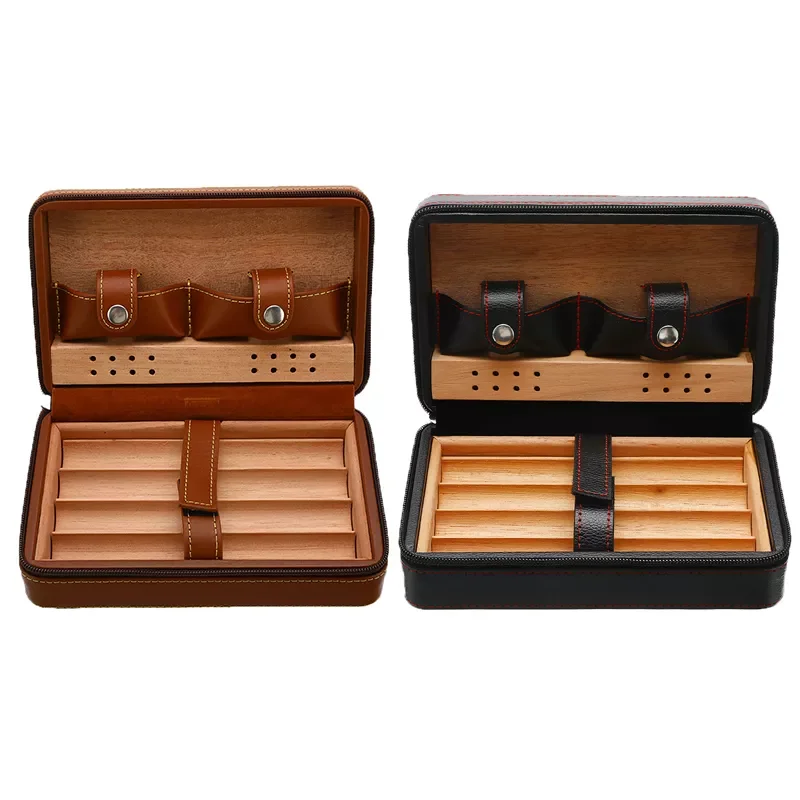 Wood Cigar Case Holder Portable Leather Travel Humidor Storage Box Cigar Humidor Humidifier Accessories Without Lighter