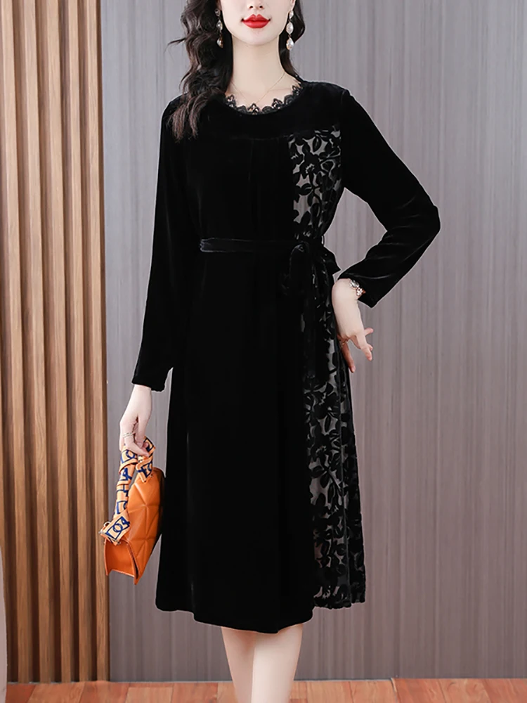 

Korean Black Velvet Chic Hook Flower Hollow Luxury Evening Dress for Women 2023 Autumn Winter Long Sleeve Elegant Party Vestidos