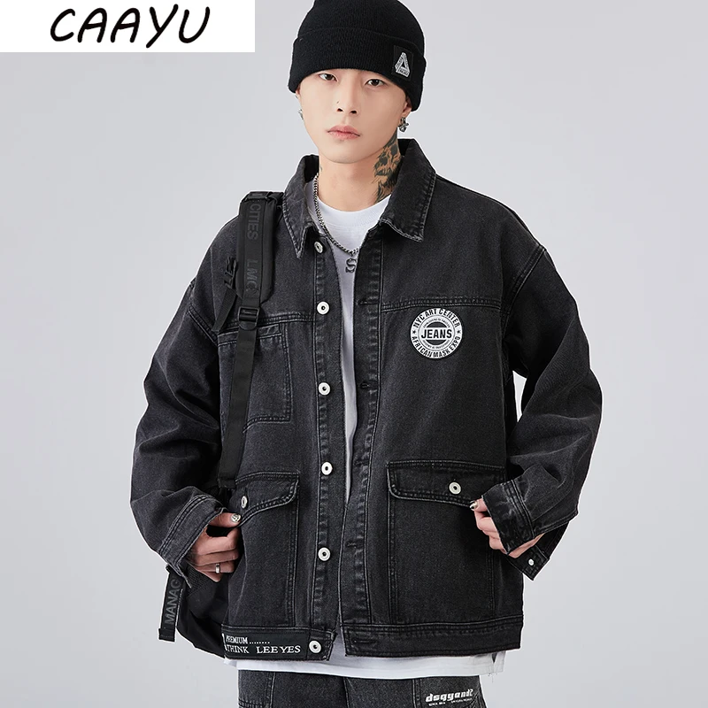 

CAAYU 2022 Denim Short Jacket Men Jeans Jacket Coats Casual Harajuku Fashion Streetwear Clothing Oversized Denim Jacket for Mens