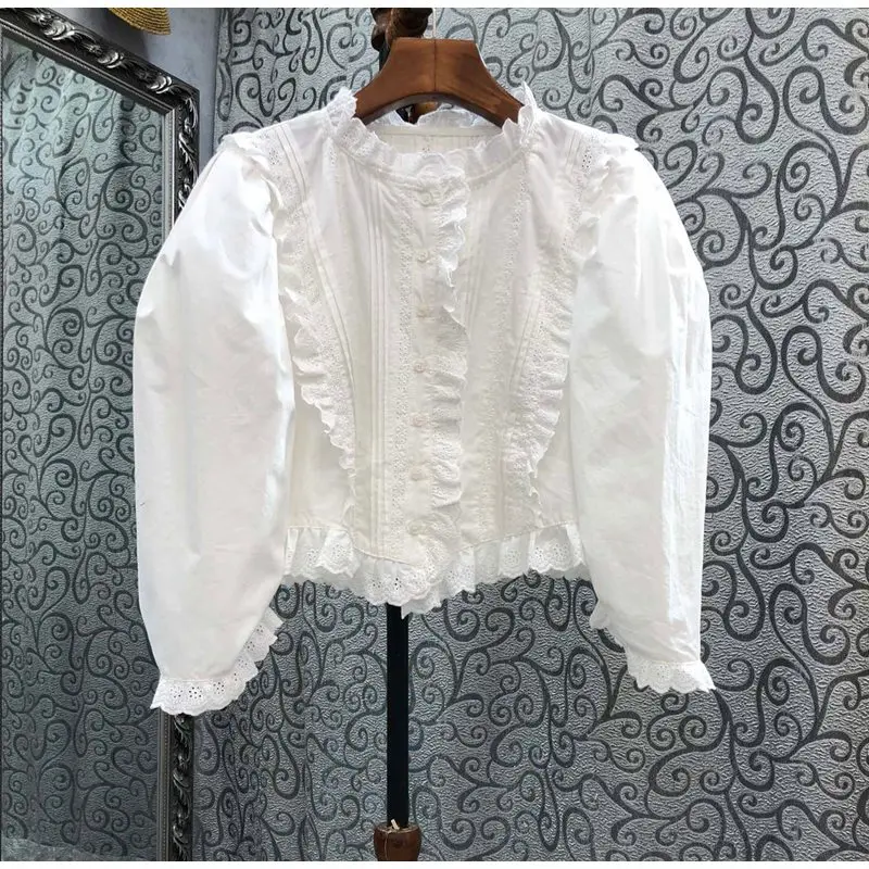 100%Cotton Blouse 2022 Autumn Style Women Pleated Ruffle Floral Deco Long Sleeve Sexy Casual White Tops Shirt Ladies Crop Tops