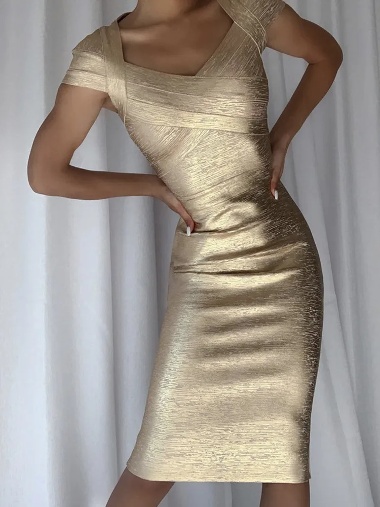 

Горячая Распродажа, летнее модное женское сексуальное золотистое облегающее Бандажное платье миди с квадратным вырезом, элегантное вечернее Клубное платье 2023