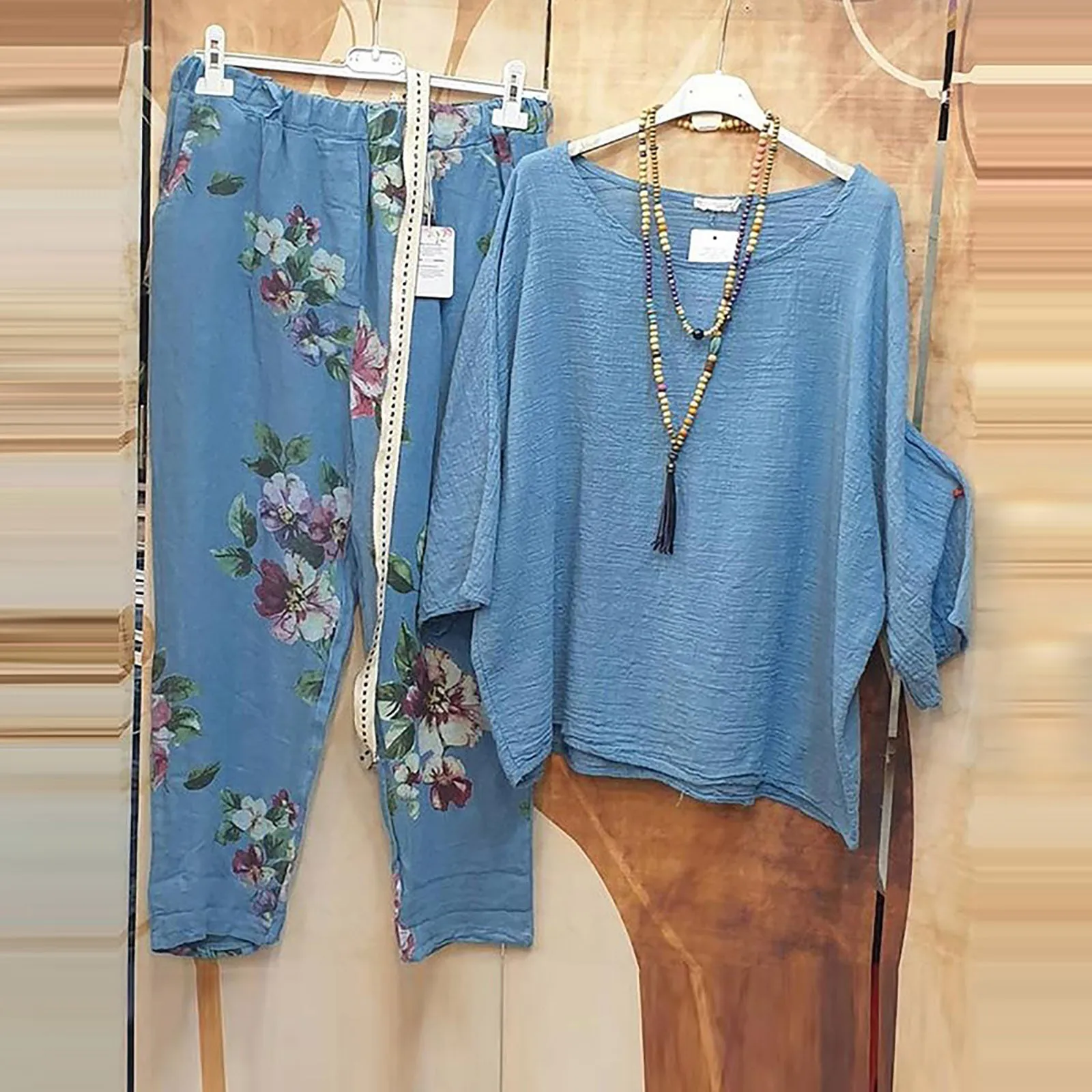 

Cotton Linen Two Piece Pantsuit Women Vintage Crew Neck Loose Shirts Wide Leg Elastic Waist Trousers Suit Boho Vocation Outfits
