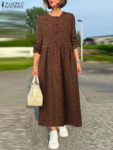 Платье ZANZEA женское с леопардовым принтом, стильный весенний сарафан на пуговицах с длинным рукавом, повседневный мешковатый рабочий кафтан оверсайз