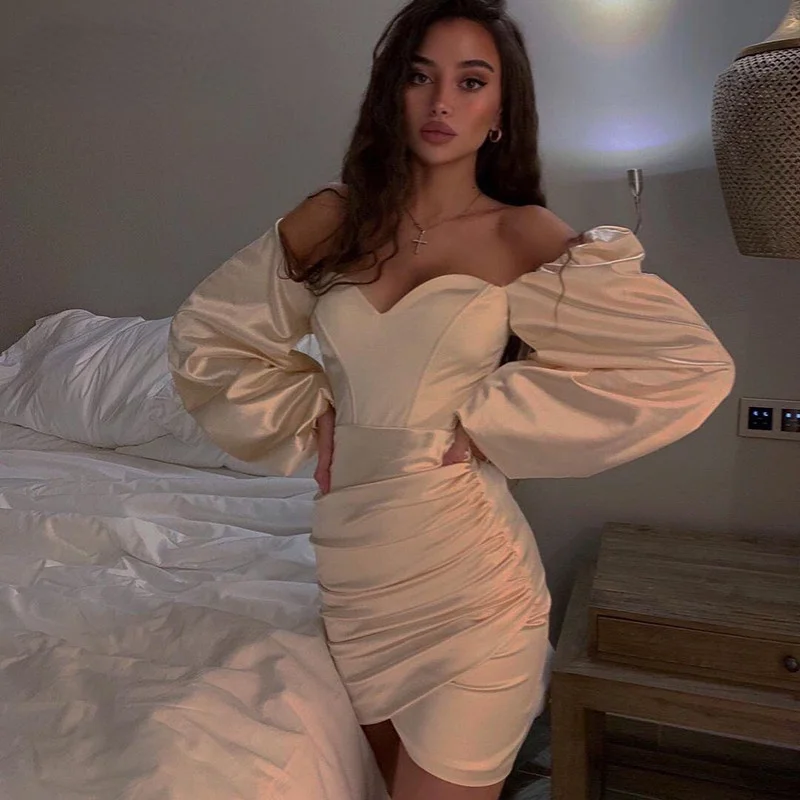

Women Satin Lantern Sleeve Mini Dress Slit Ruched Bodycon Sexy Party Elegant Streetwear 2022 Spring Summer landuxiu