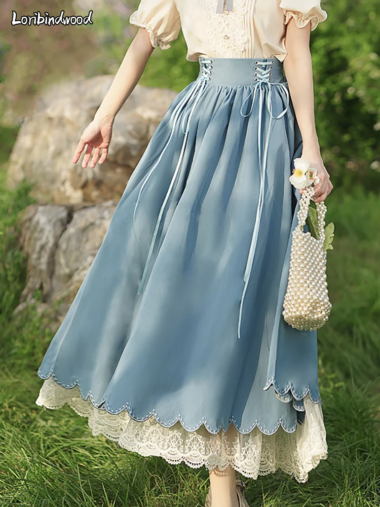 

Длинная Плиссированная юбка в стиле Лолиты, женская летняя винтажная Юбка со шнуровкой с высокой талией, кружевная Лоскутная юбка Макси Jupe Femme