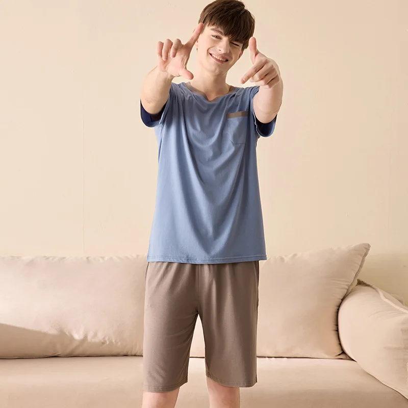 2022 New Summer 40S Cotton Pajamas Sets Men Homewear Boy High Quality Short Sleeve Night Sleep Pants