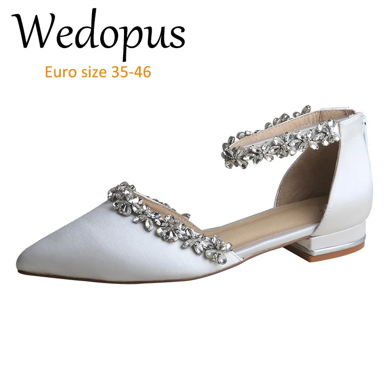 

Wedopus Luxury Lady Pointed Toe Dress Flats Satin Bridal Shoes Wedding Small Heels Ivory White 22 Colors