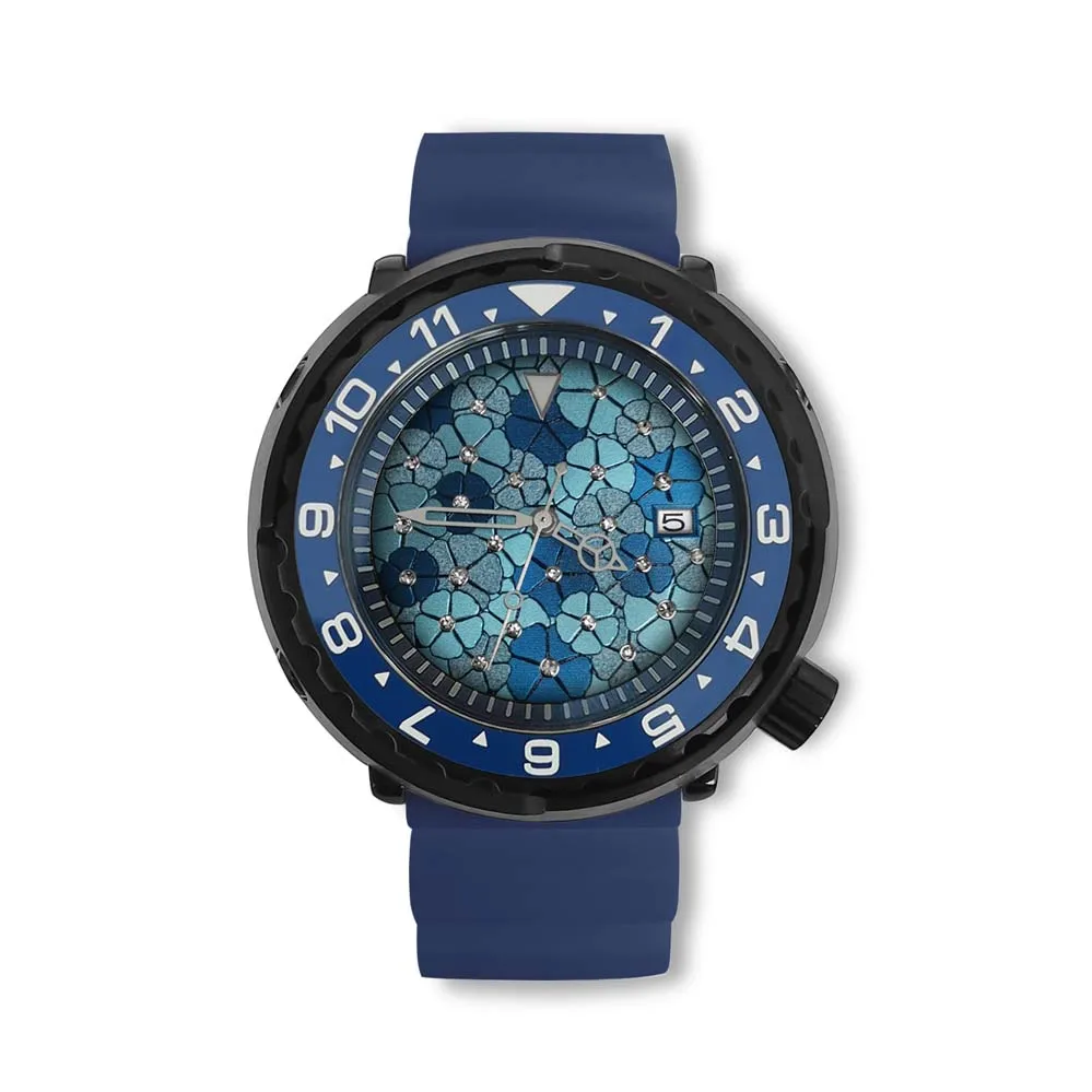 

New 45mm GEERVO No Logo Canned Watchcase Japanese nh35 Movement Hands Luminous Blue Inlaid Flowers Dial Men's Watch G49-22