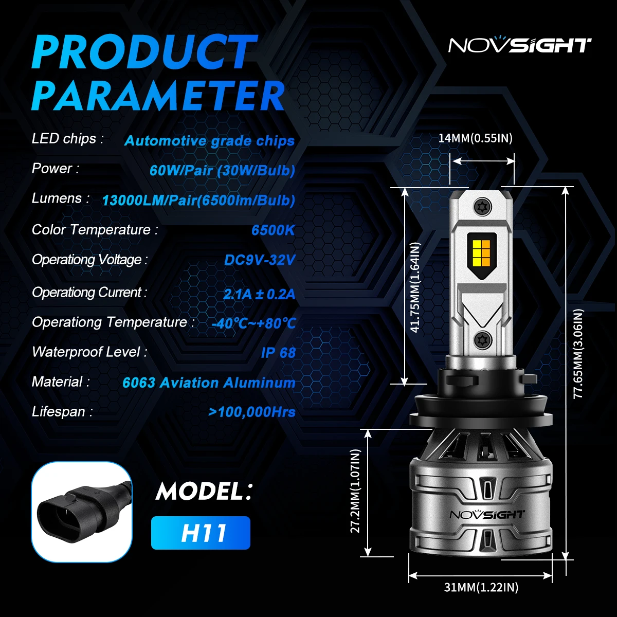 Светодиодные фары NOVSIGHT для автомобиля H4 H7 H11 9005 9006 6500K 13000LM 60W, светодиодные автомобильные лампы для головного света и противотуманных фар, IP68 A500 N61T (art.: 3920dcb0fa9aa) - 3920dcb0fa9aa