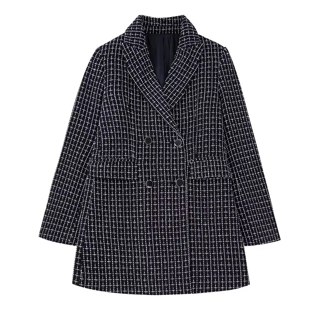 

Textured Blazer Women 2022 New Fashion Full Sleeve Plaid Clothing Double Breasted Coat Modern Lady Casual Top Wears