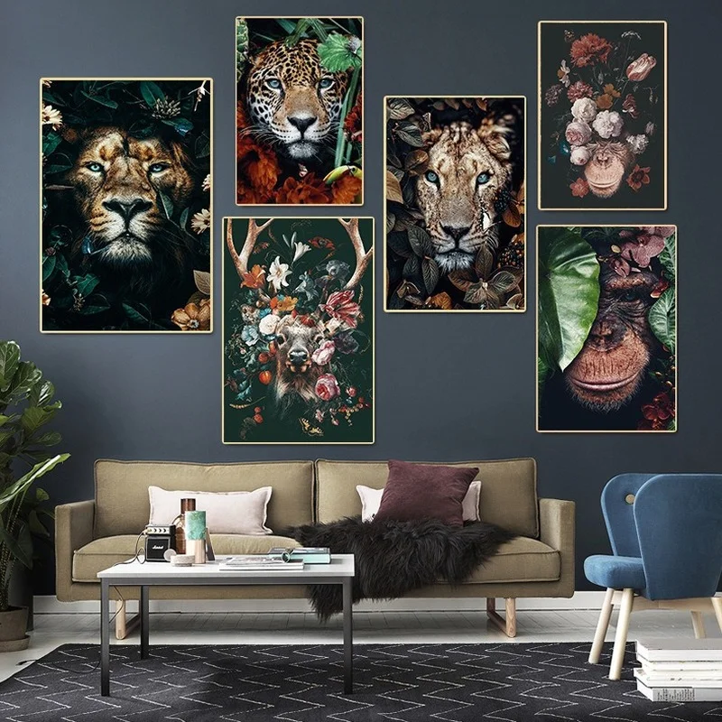 

Animal In Flowers Canvas Painting Wall Art Lion Poster Tiger Elephant Elk Orangutan Picture Modern Classic Decorative Painting