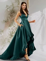 emerald green high low prom formal dress 2022 v neck ruffles satin evening party gown new robe de soiree vestidos longo