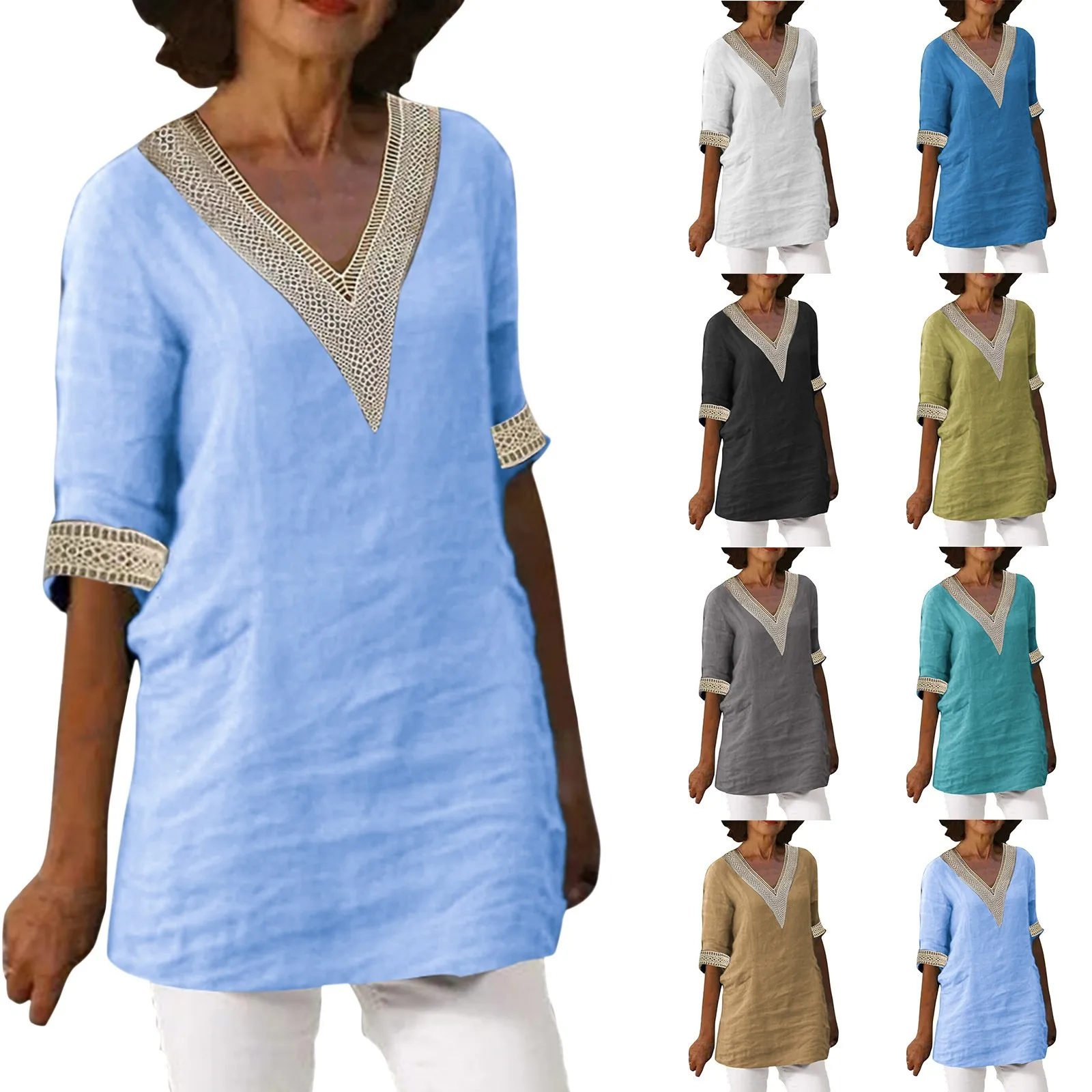 

Футболка женская хлопково-Льняная однотонная с V-образным вырезом и коротким рукавом