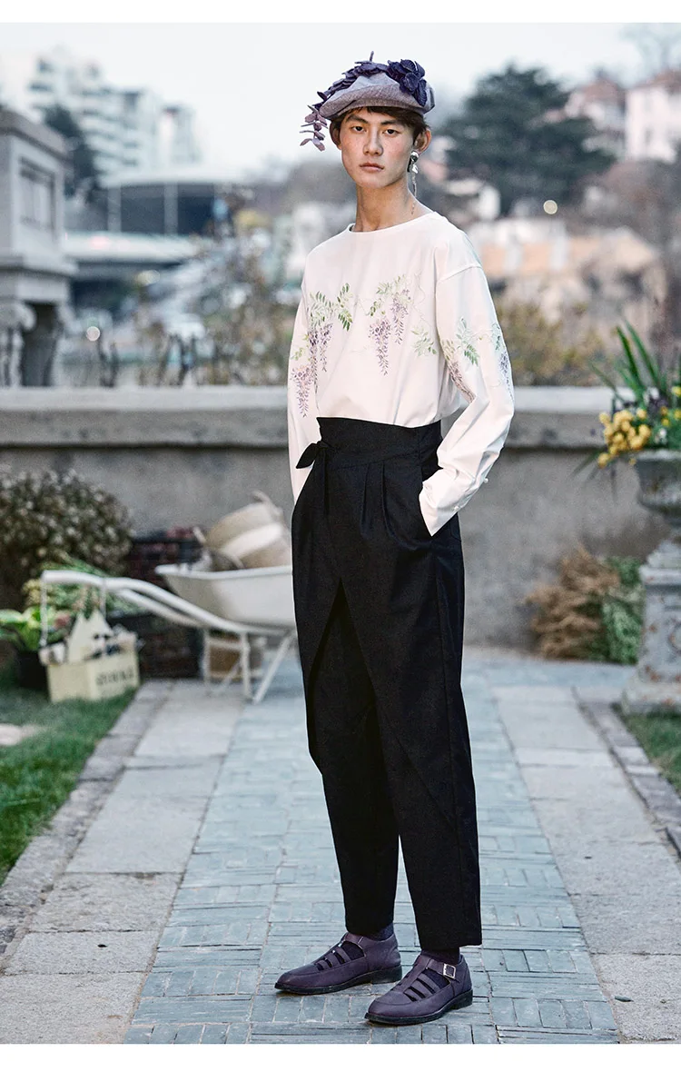 Новинка мужская и женская одежда 27-46 брюки с завышенной талией цветочным узором