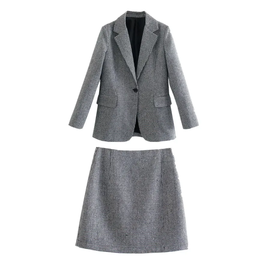 

Женский офисный комплект из юбки и блейзера, винтажный клетчатый Повседневный блейзер с узором «гусиные лапки» и мини-юбки с высокой талией...