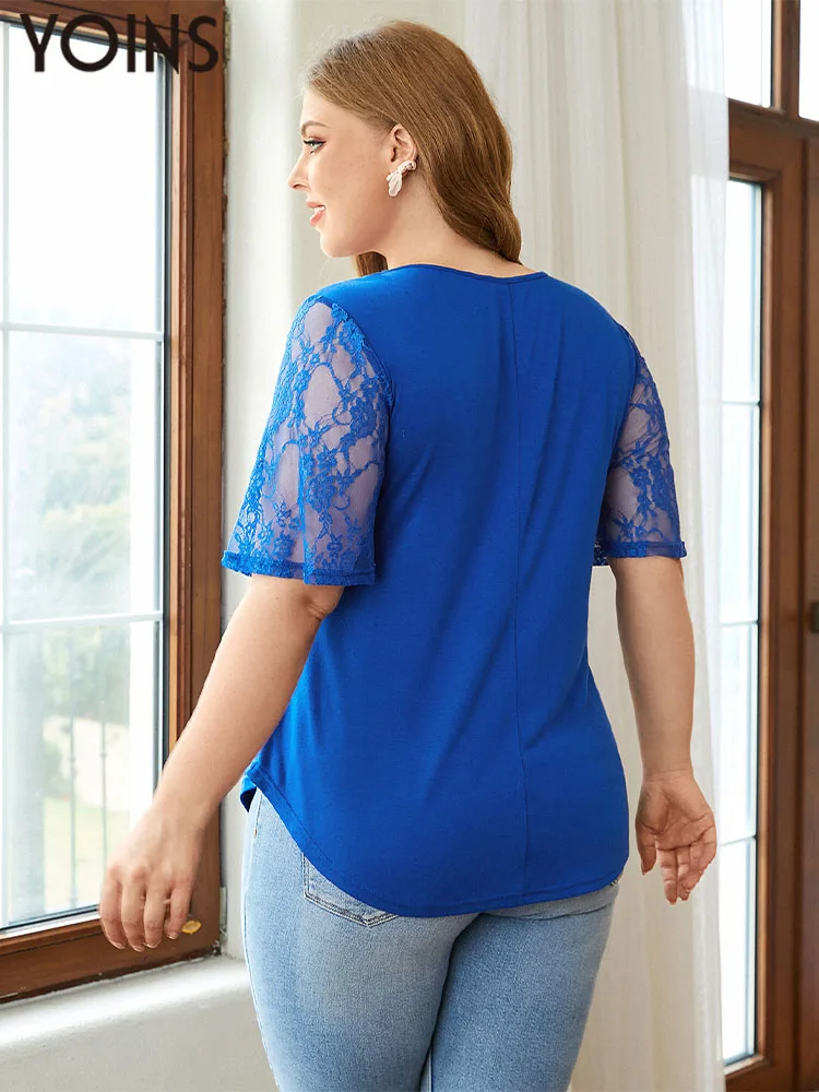 YOINS Sexy Hollow Out Tunic Tops 2022 Summer Women's Short Sleeve Lace Patchwork Blouses Plus Size Casual Solid Blusas Femininas