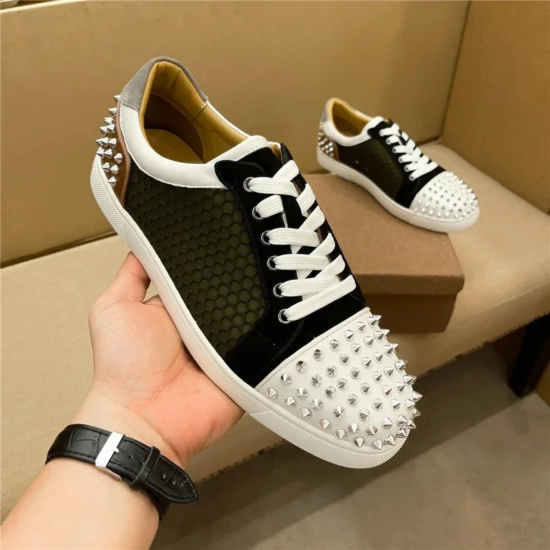 

Designer Luxury Men's Shoes Rivet Color Matching Red Soled Shoes Net Shoes Casual Flat Soled Shoes Nightclub Shoes