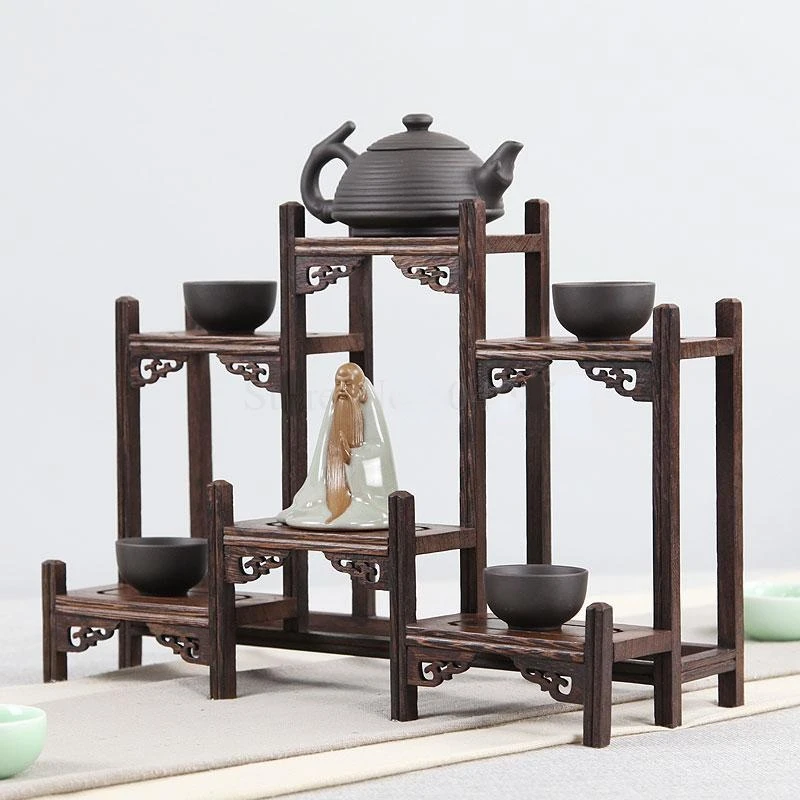 Estante de almacenamiento retro chino de madera maciza, pequeño Cofre del Tesoro, tetera púrpura, juego de té, soporte de exhibición