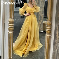 loveweiwei new long puff sleeves beading evening dresses yellow v neck a line pleated side slit prom party dresses for women