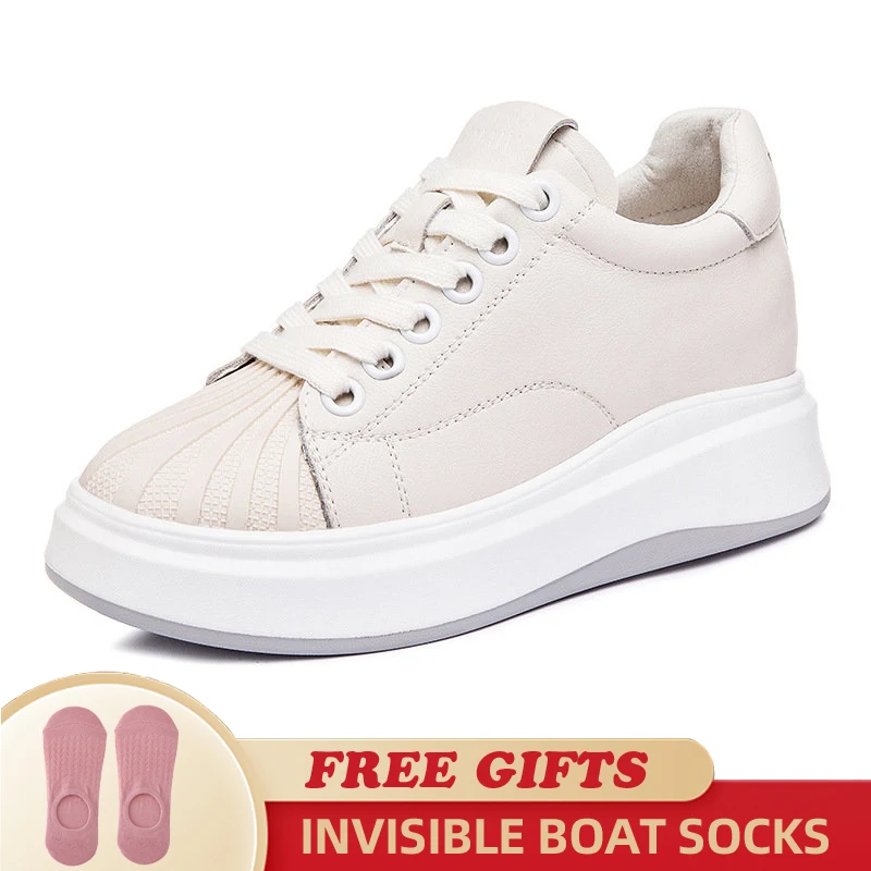 2023 Genuine Leather 8cm New Platform Chunky Sneaker Casual Hidden Heels Spring Summer Autumn Comfy Breathable High Brand Shoes