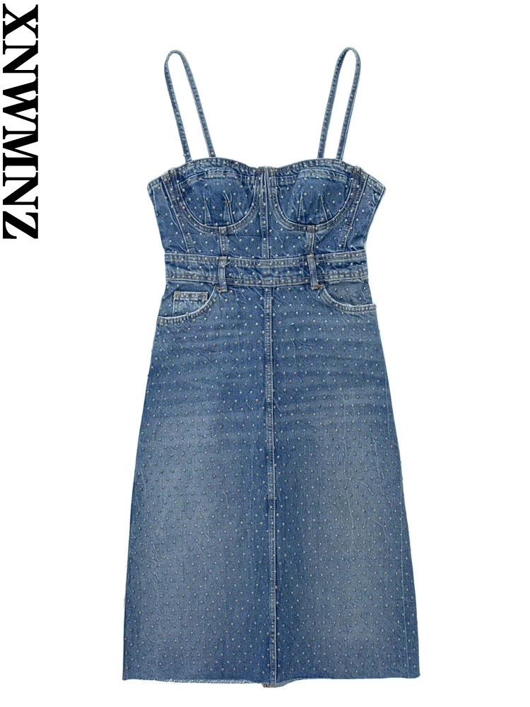 

XNWMNZ Women's Fashion 2023 studded denim bustier dress Women retro sweetheart neck thin straps fray hem female midi dresses