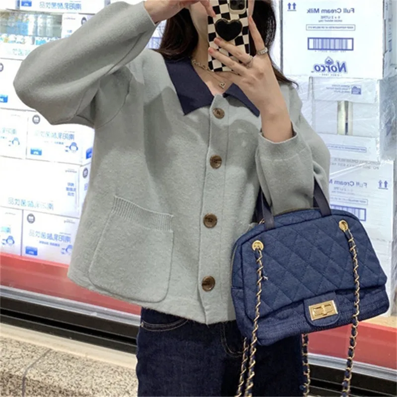 Ленивый универсальный свитер с воротником-поло контрастного цвета кардиган