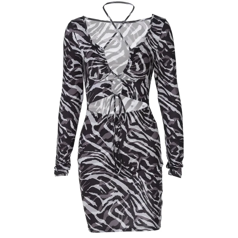 

Autumn 2022 Long Sleeve Lace Up Neck Hollowed Out Chest Temperament Buttock Dress Women'S Suit Bodycon Elegant Sexy Suit