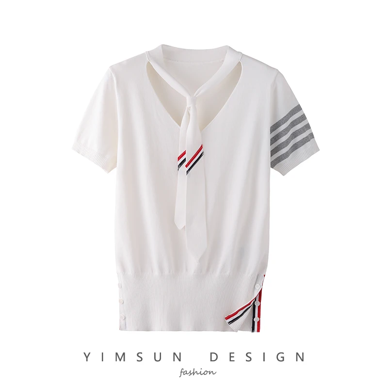 

Новинка лета 2022, вязаная рубашка с завязкой, трикотажный свитер из вискозы с V-образным вырезом, пуловер с коротким рукавом, четыре бара, Топ