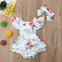 disney mermaid cartoon print baby romper ruffle sleeveless back straps outfit hollow back button closure jumpsuit for 0 24m