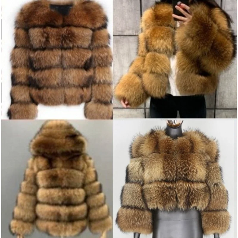 Women Faux Fur Coat Fashion Winter New Imitation Raccoon Fur Jacket Short Hooded Female Artificial Outerwear Thick Warm Big Size