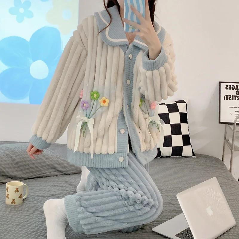 2023  Pajamas Set Women's Winter Leisure Elastic Thicken Warm Flannel Sleepwear Set Embroider Women Long Sleeve Girl Homewear