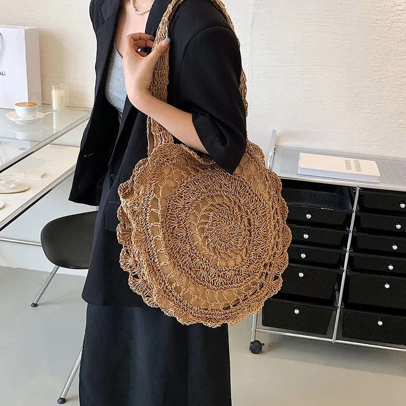 Striped Beach Straw Bag Large Capacity Shoulder Bag For Women Handmade Woven Handbag Raffia Rattan Bag Vacation Casual Tote Bag