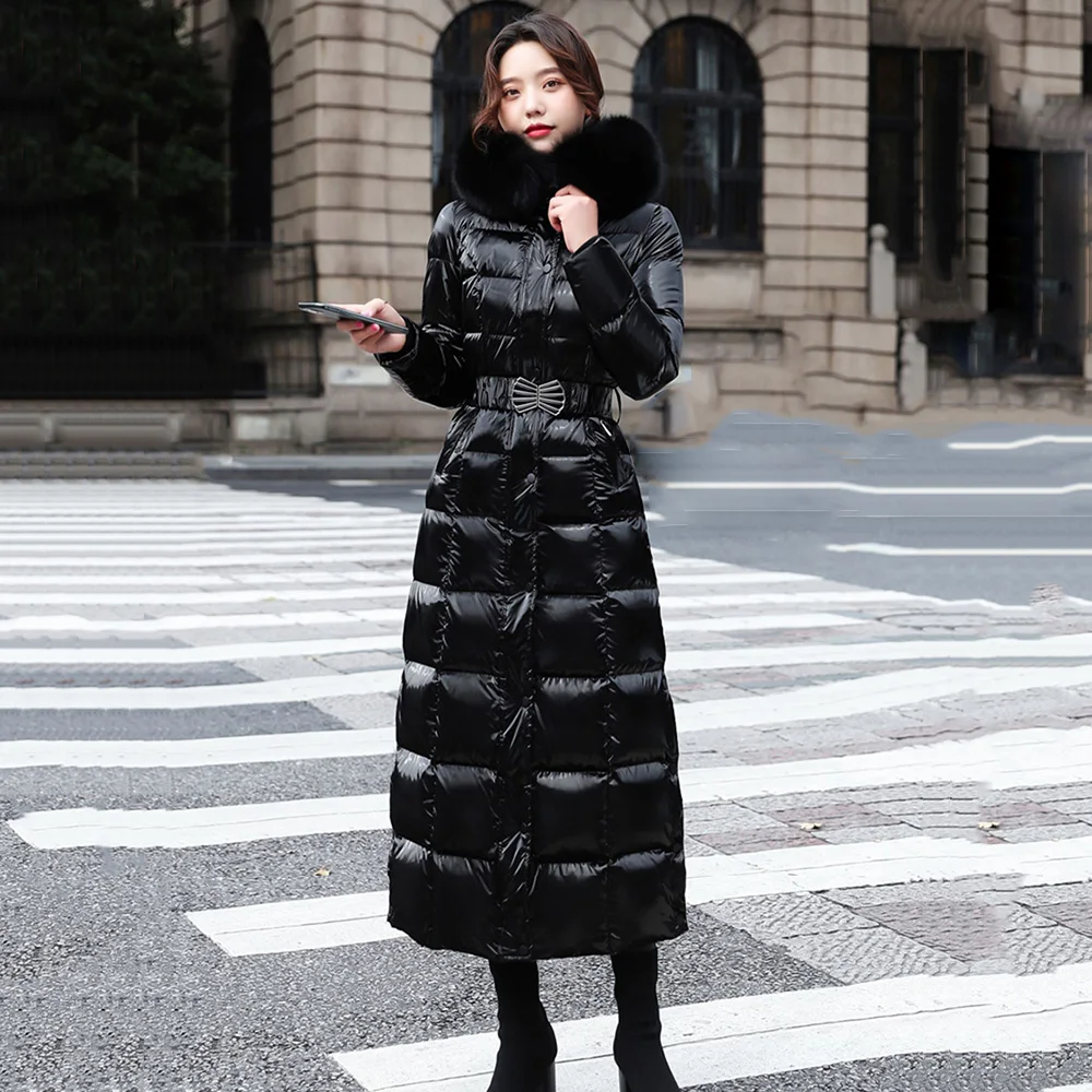 New Women Long Down Coat Winter Fashion Wash Free Glossy Surface Real Fox Fur Collar Thicken Down Jacket Strecth Belt Overcoat