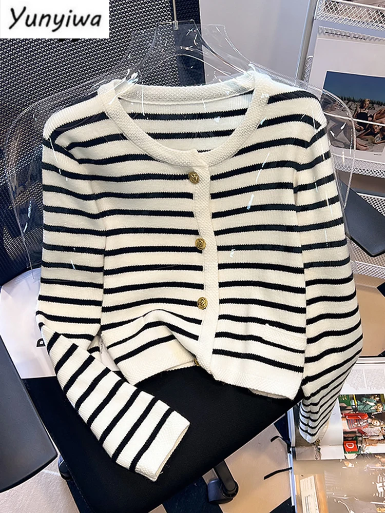 

Женский свитер в полоску, повседневный винтажный кардиган с круглым вырезом и длинным рукавом, в Корейском стиле, 2022