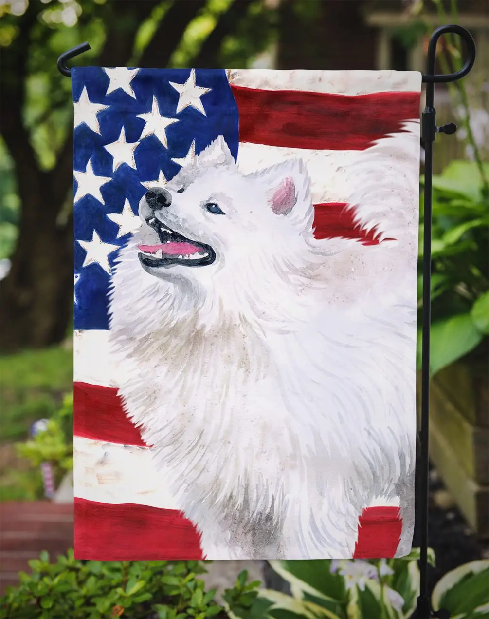 

Патриотический Садовый флаг Samoyed, милые флагами из полиэстера, американские флагами для наружного внутреннего дворика, газона, искусственный флаг
