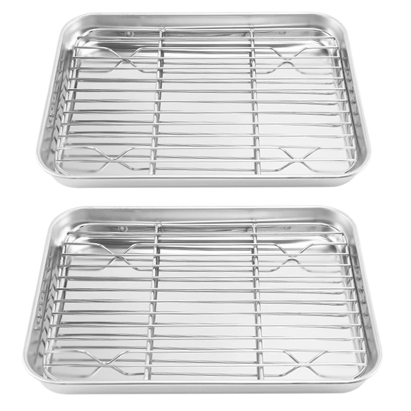 

2X 9 Inch Toaster Oven Tray And Rack Set, Small Stainless Steel Baking Pan With Cooling Rack,Dishwasher Safe Sheet