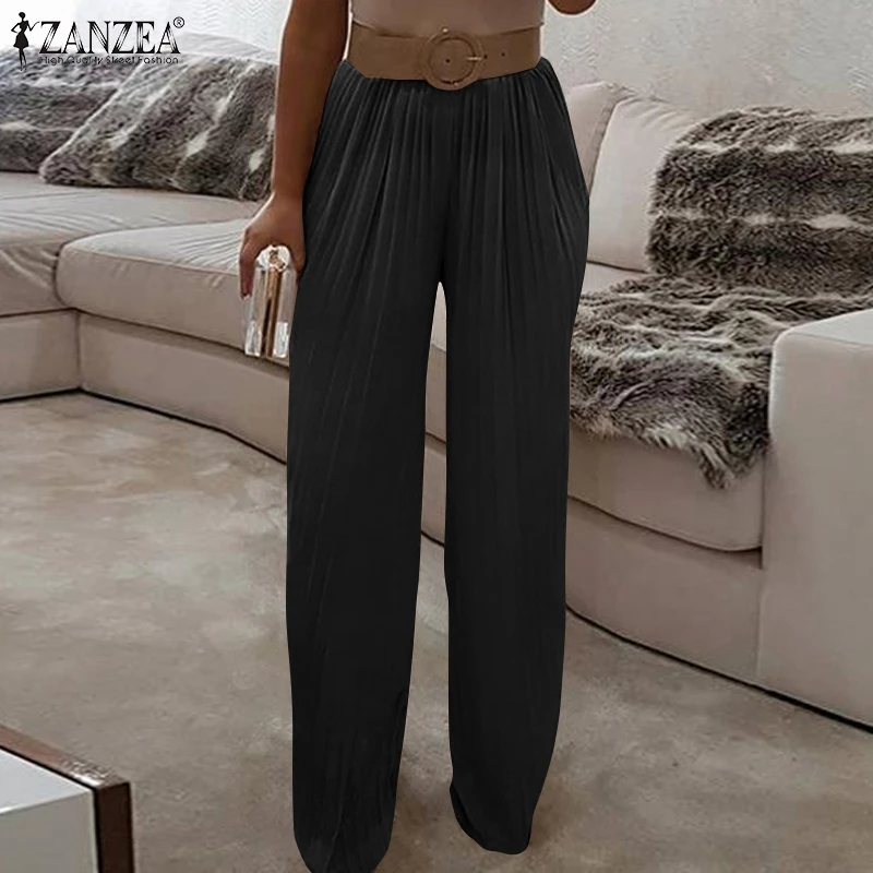 

ZANZEA Solid Wide Leg Pants Women's High Waist Maxi Palazzo Casual Elegant Oversized Pantalones 2022 Fashion OL PLeated Trousers
