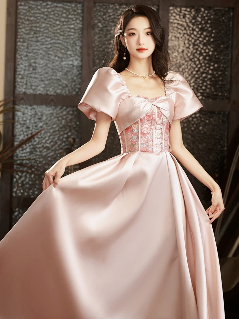 

Розовое милое платье подружки невесты, атласное платье в пол с блестками и пышными рукавами, квадратным вырезом, на шнуровке, для свадебной вечеринки, выпускного вечера