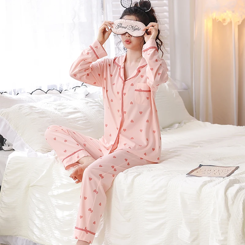 Yasuk Spring Autuum Fashion Women's Casual Print Pocket Sleepwear Homewear Cute Lovely Pajamas With Pants Soft Lace Heart