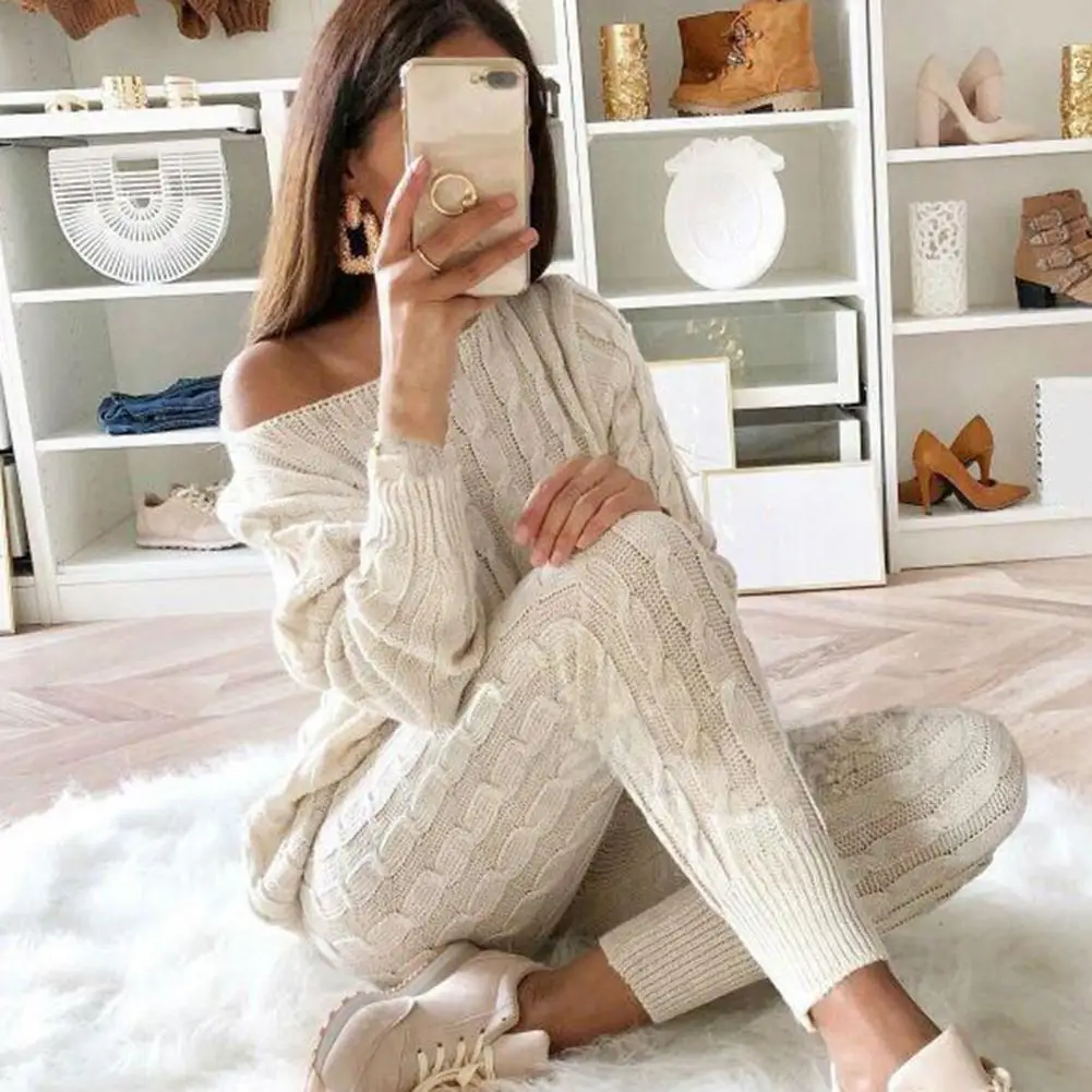 

Casual Solid Warm Knitted Women Set Two Pieces Sexy O-neck Sweater Trousers Tracksuit Winter Lady Outfits Slim