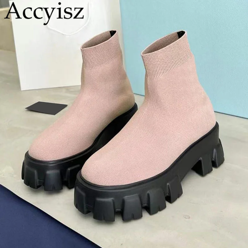 

Демисезонные высокие сапоги до колена на толстой подошве, женские универсальные вязаные эластичные сапоги, короткие сапоги на платформе, дышащая повседневная обувь