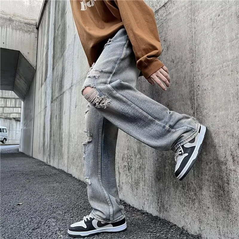 Summer Ripped Baggy Jeans Men Fashion Retro Straight Jeans Men Japanese Streetwear Hip Hop Loose Hole Denim Pants Mens Trousers