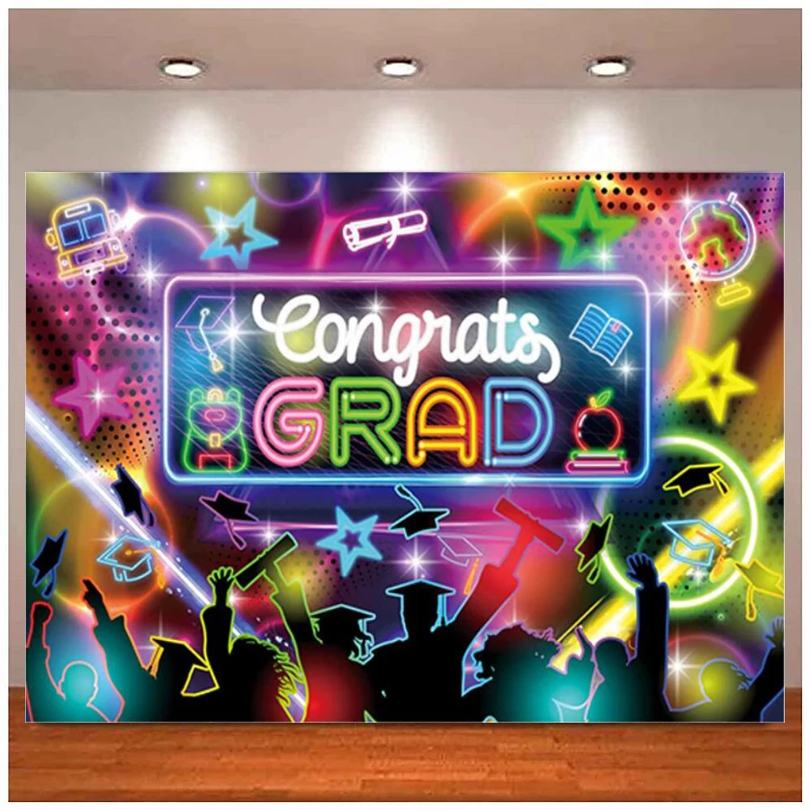 

Neon Photography Backdrop Glow Class Congratulations Graduate Prom Party Supplies Bachelor Cap Background Cake Table Decor