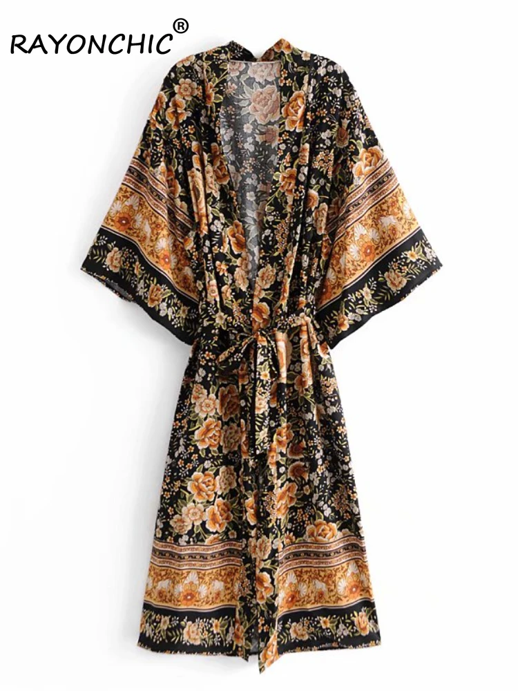 

RAYONCHIC Black Floral Kimono Beachwear Bikini Caftan Bohemian Robe Batwing Sleeve Belt Boho Bathing Suit Swimwear Cover-up