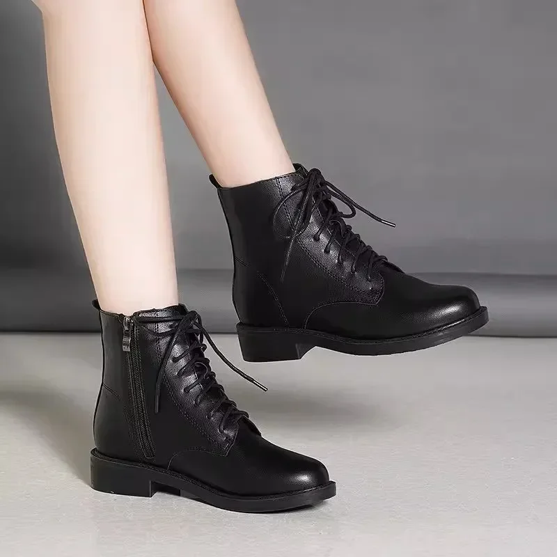 

2023 модная обувь для женщин зимние женские ботинки теплые ботильоны женские однотонные ботинки на молнии сбоку с круглым носком на шнуровке женская обувь на низком каблуке