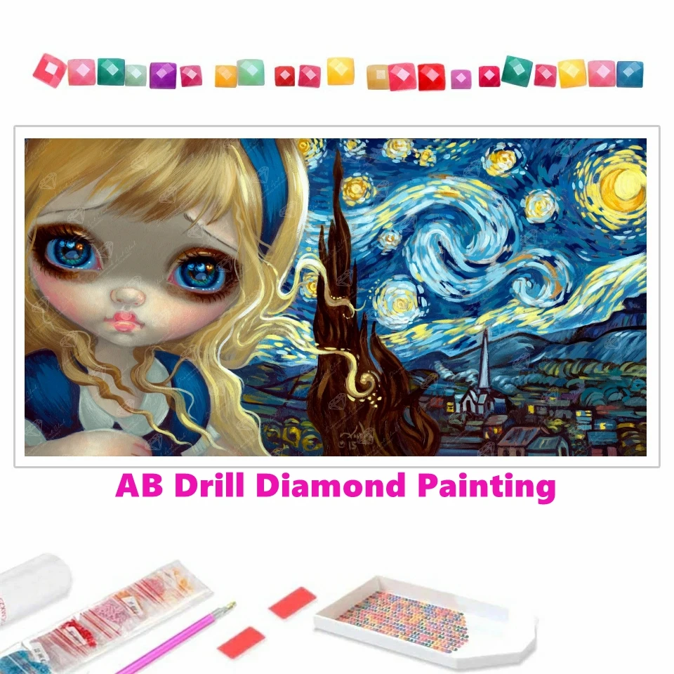 

Alice In The Starry Night Van Gogh AB Drill Diamond Painting Cartoon Big Eyes Girl Art Embroidery Cross Stitch Mosaic Home Decor