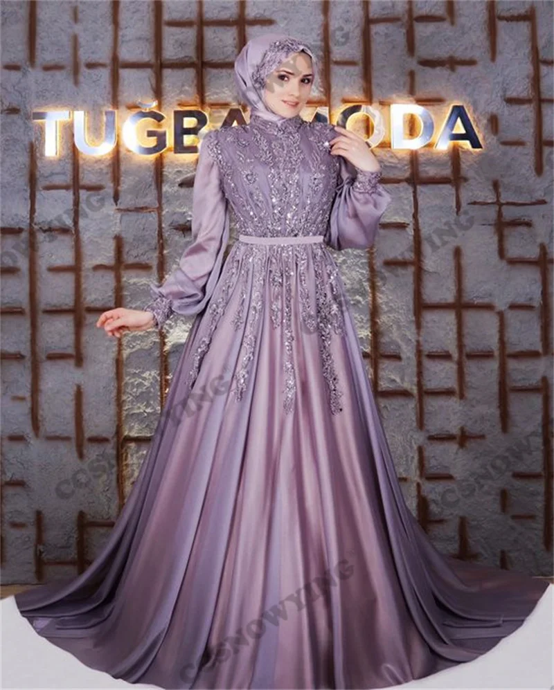 

Luxury Appliques Beaded Muslim Evening Dresses Long Sleeve Islamic Formal Party Gowns High Neck Women Arabic Robes De Soirée