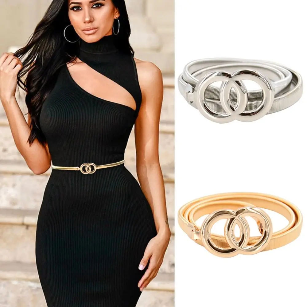 

Women Casual Elegant Stretch Ladies Dress Cummerbands Double Ring Waist Band Thin Waistband Metal Elastic Belt